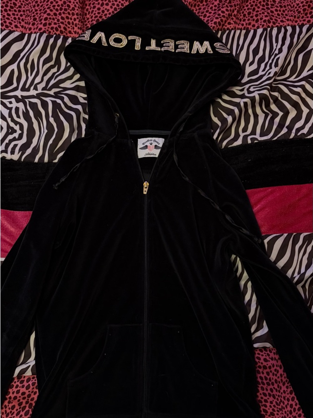 Broken heart Black Velour Zip-Up Hoodie Jacket